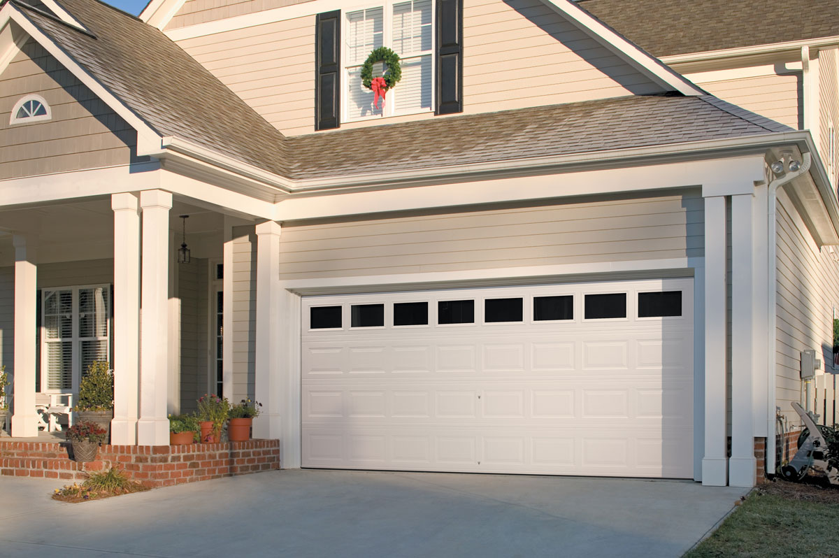 Short panel glazed true white steel double garage door with horizontal windows